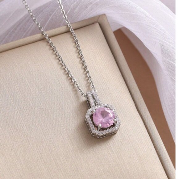 925 Sterling Silver Pink Sapphire Halo Pendant Necklace - Picture 2 of 5